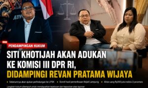 Siti Khotijah Akan Mengadu ke Komisi III DPR RI, Didampingi Tim Advokasi Subur Jaya Lawfirm–FERADI WPI Doc. Ilustrasi pendampingan hukum. Siti Khotijah bersama Revan Pratama Wijaya, S.H., C.PFW., C.MDF., C.JKJ., C.FTAX., dari Tim Advokasi Subur Jaya Lawfirm–FERADI WPI. Foto thumbnail merupakan materi visual yang disusun untuk kepentingan ilustrasi pemberitaan dan tidak dimaksudkan menggambarkan satu peristiwa yang berlangsung dalam waktu maupun tempat yang sama.