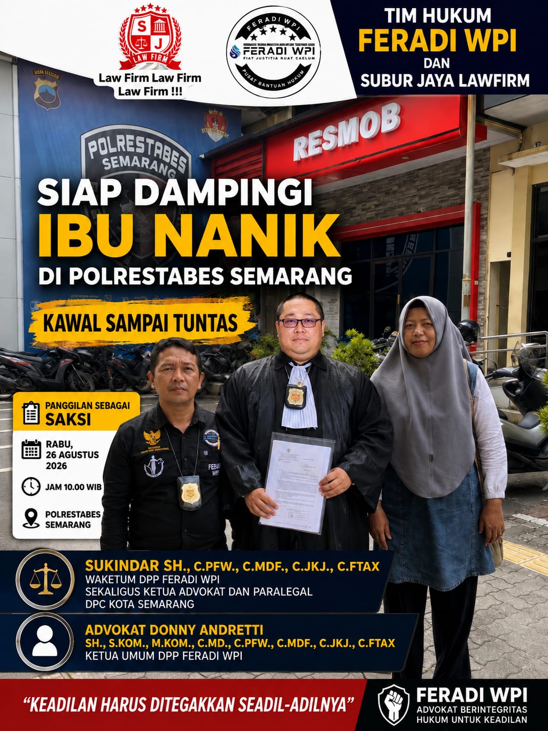 Doc. Tim Hukum FERADI WPI dan Subur Jaya Lawfirm bersama Nanik Supriyati usai menghadiri agenda pemeriksaan sebagai saksi di Polrestabes Semarang. Tim hukum menyatakan komitmennya untuk terus memberikan pendampingan dan mengawal proses hukum sesuai ketentuan yang berlaku.