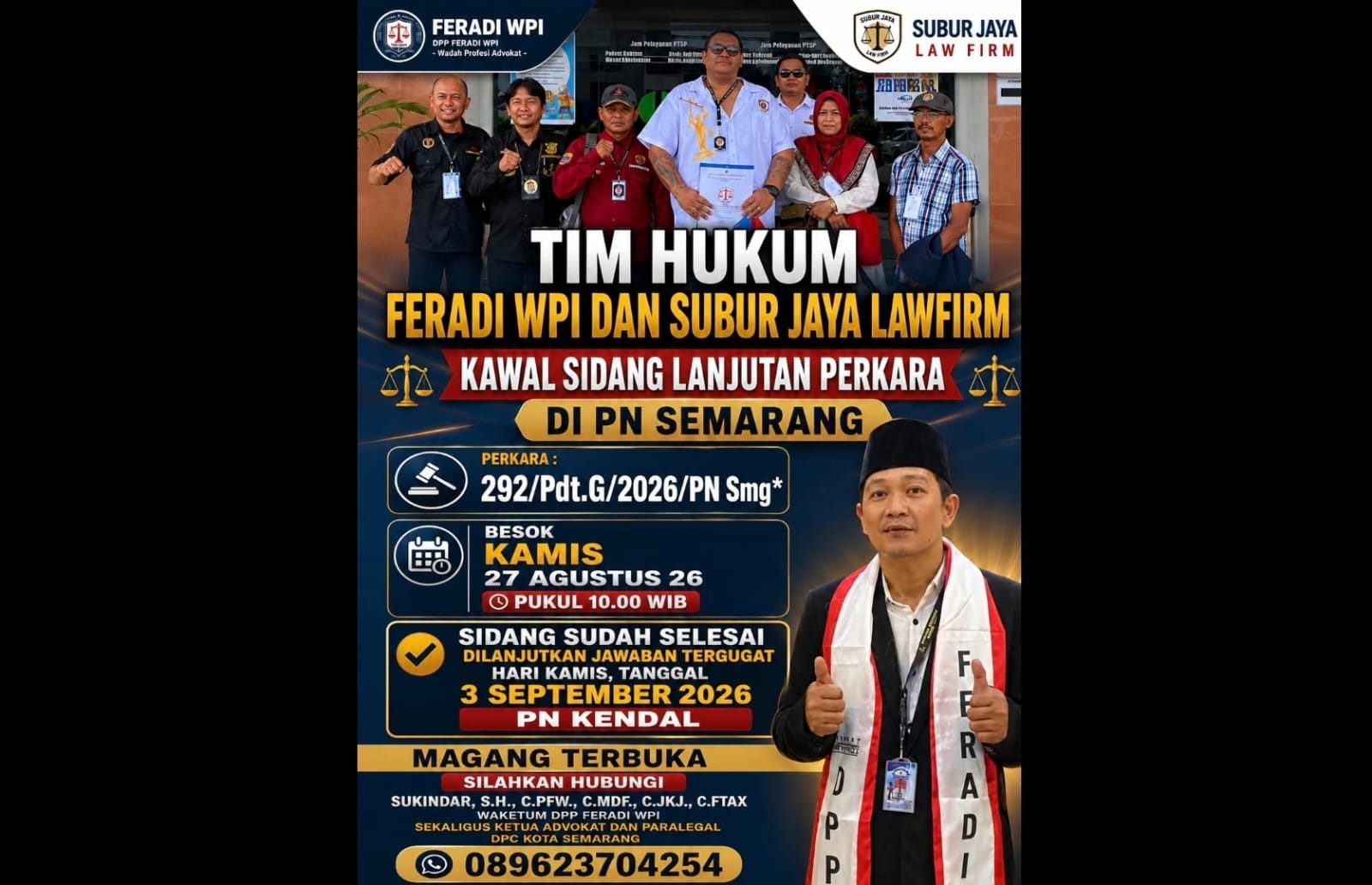 Doc. Materi informasi internal FERADI WPI terkait agenda persidangan perkara perdata Nomor 292/Pdt.G/2026/PN Smg yang memuat jadwal sidang lanjutan di Pengadilan Negeri Semarang. Sidang berikutnya dijadwalkan berlangsung pada Kamis, 3 September 2026, dengan agenda jawaban dari pihak tergugat.
