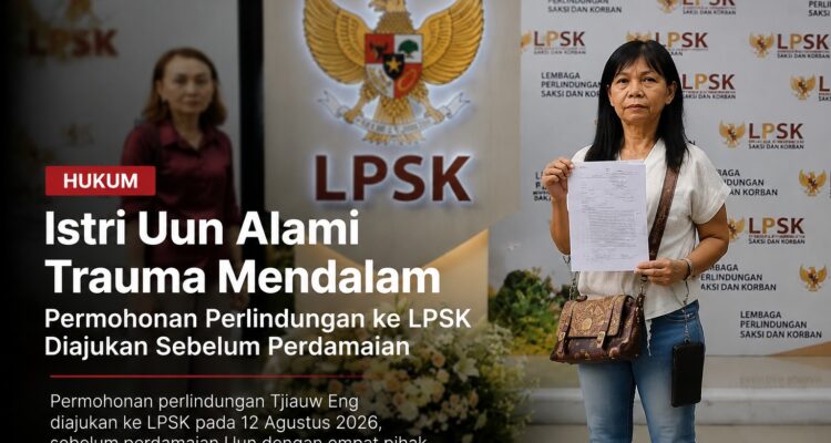 Doc. Tjiauw Eng, istri Fam Fuk Tjhong alias Uun, saat mengajukan permohonan perlindungan ke Lembaga Perlindungan Saksi dan Korban (LPSK) di Jakarta pada 12 Agustus 2026. Permohonan tersebut diajukan sebelum proses perdamaian antara Uun dan empat pihak terkait yang berlangsung pada 23 Agustus 2026. Foto: Dok. Tim Advokasi.