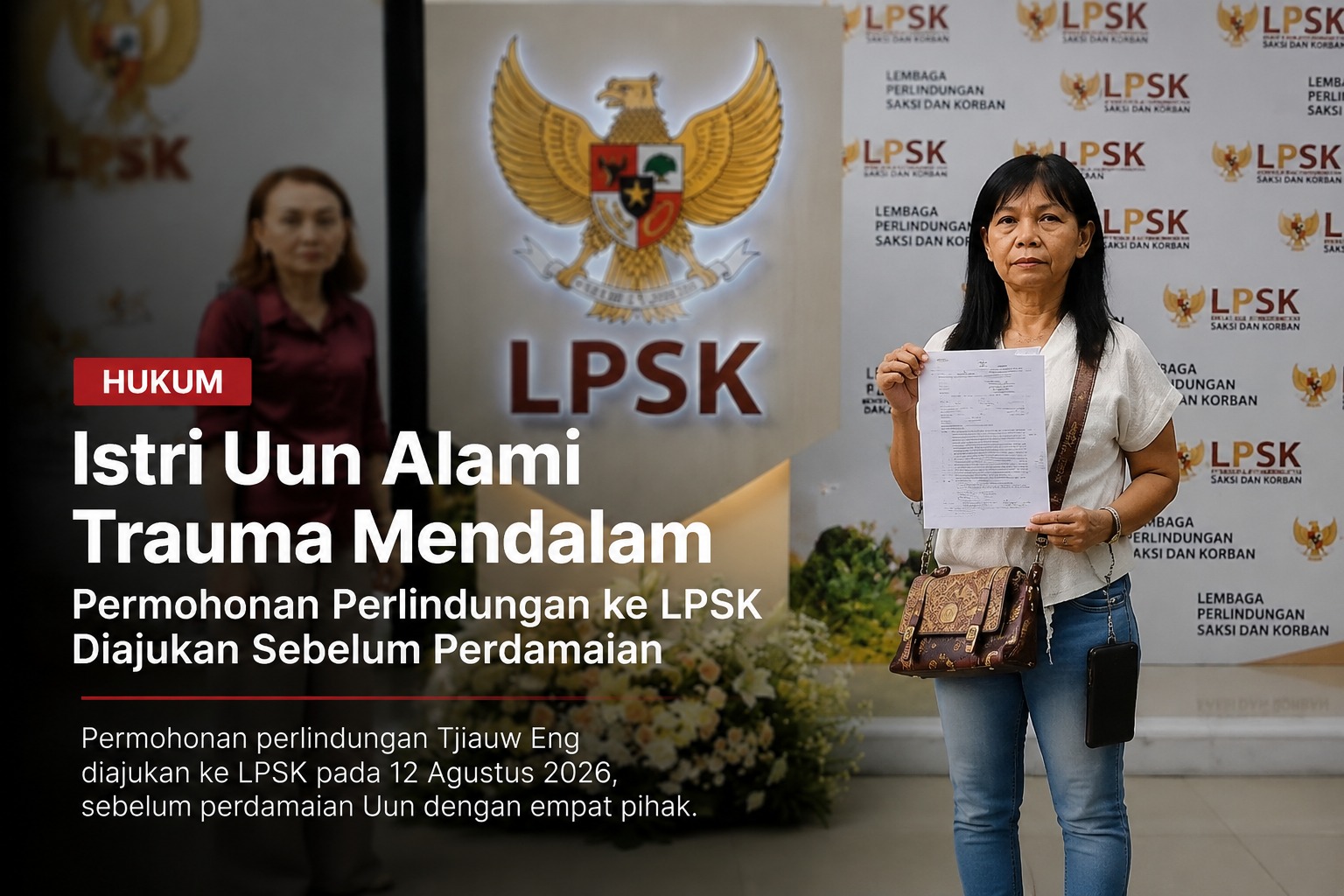 Doc. Tjiauw Eng, istri Fam Fuk Tjhong alias Uun, saat mengajukan permohonan perlindungan ke Lembaga Perlindungan Saksi dan Korban (LPSK) di Jakarta pada 12 Agustus 2026. Permohonan tersebut diajukan sebelum proses perdamaian antara Uun dan empat pihak terkait yang berlangsung pada 23 Agustus 2026. Foto: Dok. Tim Advokasi.