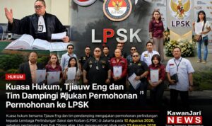 Doc. Kuasa hukum bersama Tjiauw Eng dan tim pendamping saat mengajukan permohonan perlindungan kepada Lembaga Perlindungan Saksi dan Korban (LPSK) di Jakarta, 12 Agustus 2026. Permohonan tersebut diajukan sebelum proses perdamaian antara Fam Fuk Tjhong alias Uun dengan empat pihak terkait pada 23 Agustus 2026.