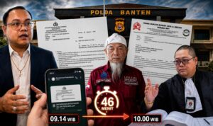 Doc. Tim Kuasa Hukum Fam Fuk Tjhong alias Uun, termasuk Revan Pratama Wijaya dan Donny Andretti, dalam ilustrasi terkait surat undangan gelar perkara dari Ditreskrimum Polda Banten yang diterima pada pukul 09.14 WIB untuk agenda pukul 10.00 WIB, Senin, 31 Agustus 2026. Ilustrasi menampilkan dokumen undangan dan surat permohonan penjadwalan ulang sebagai konteks pemberitaan. Foto ilustrasi.