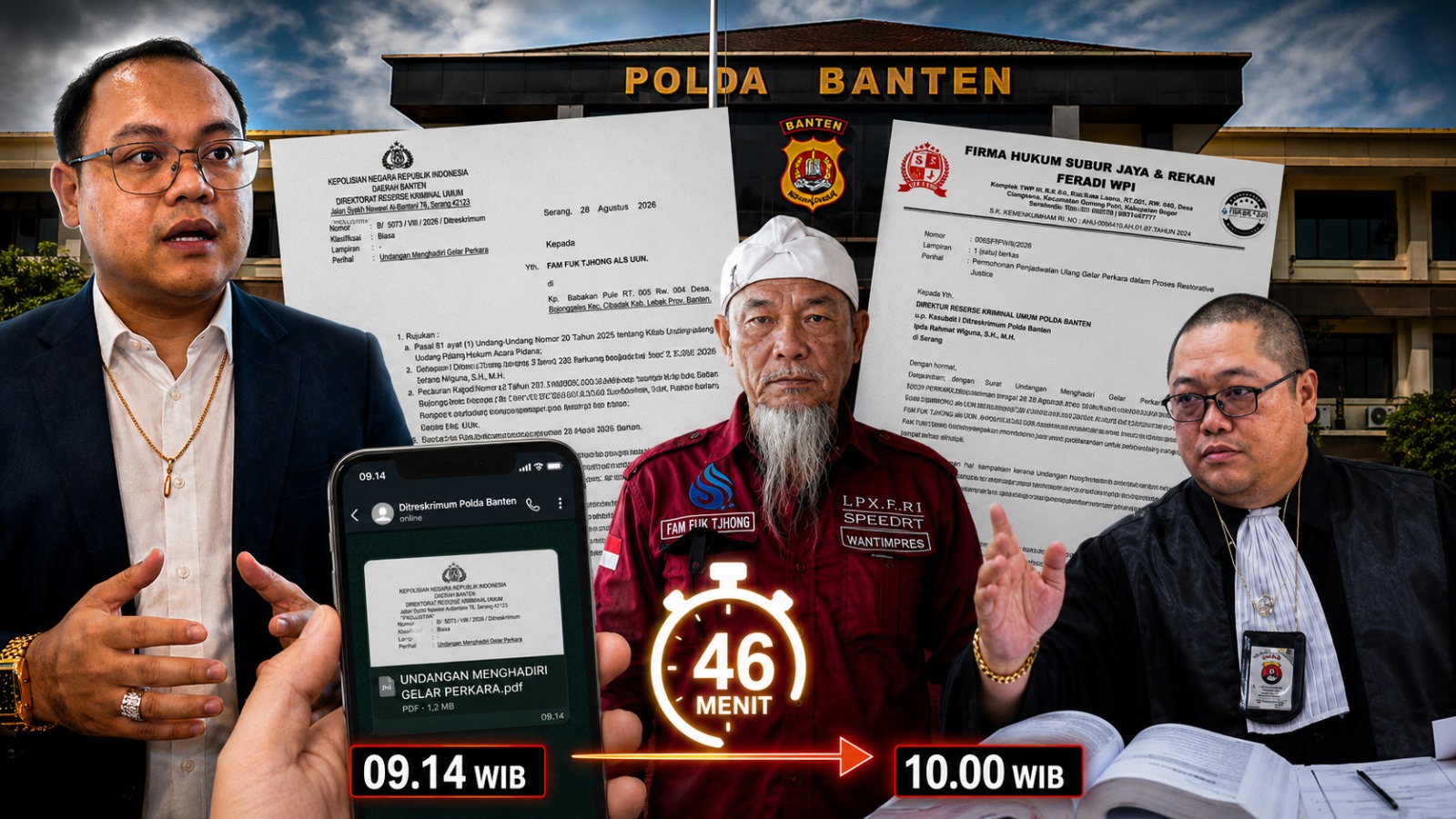 Doc. Tim Kuasa Hukum Fam Fuk Tjhong alias Uun, termasuk Revan Pratama Wijaya dan Donny Andretti, dalam ilustrasi terkait surat undangan gelar perkara dari Ditreskrimum Polda Banten yang diterima pada pukul 09.14 WIB untuk agenda pukul 10.00 WIB, Senin, 31 Agustus 2026. Ilustrasi menampilkan dokumen undangan dan surat permohonan penjadwalan ulang sebagai konteks pemberitaan. Foto ilustrasi.