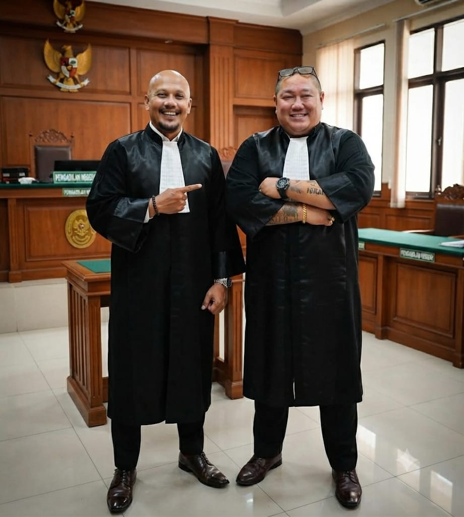Doc. Dua advokat senior tampil bersama mengenakan toga advokat di ruang persidangan. Keduanya berpose usai menjalankan aktivitas profesi hukum, menggambarkan kekompakan dan profesionalitas dalam menjalankan tugas sebagai advokat.