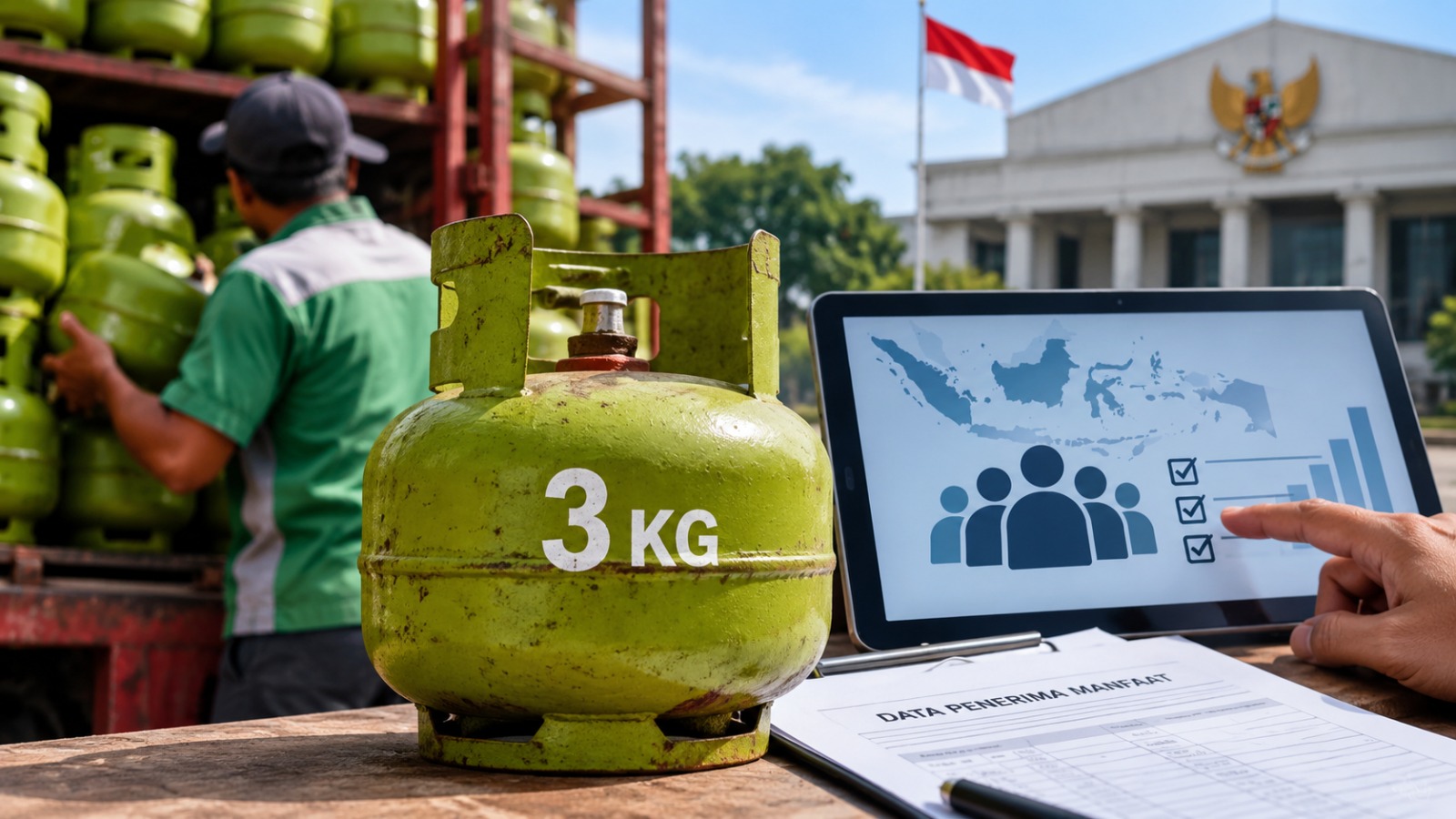 Doc. Foto ilustrasi tabung LPG 3 kg di tengah aktivitas distribusi, dengan tampilan data penerima manfaat pada perangkat digital sebagai simbol rencana penyaluran subsidi berbasis data desil dalam DTSEN. Foto ilustrasi/KawanJariNews.com.