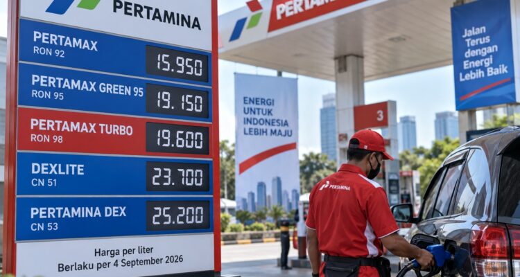 Doc. ilustrasi. Pengisian BBM di salah satu SPBU dengan papan informasi harga BBM nonsubsidi. Harga yang ditampilkan merupakan ilustrasi berdasarkan daftar harga BBM per 4 September 2026. Gambar ini tidak menggambarkan kejadian nyata, lokasi SPBU, petugas, maupun konsumen tertentu. Ilustrasi dibuat semata-mata untuk mendukung penyampaian informasi dalam pemberitaan.