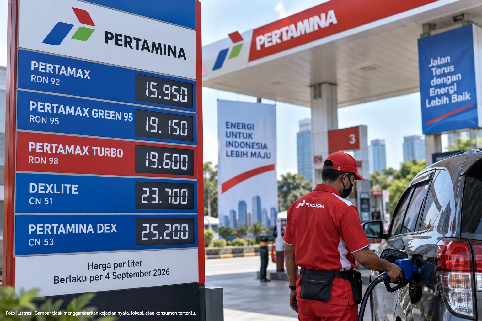 Doc. ilustrasi. Pengisian BBM di salah satu SPBU dengan papan informasi harga BBM nonsubsidi. Harga yang ditampilkan merupakan ilustrasi berdasarkan daftar harga BBM per 4 September 2026. Gambar ini tidak menggambarkan kejadian nyata, lokasi SPBU, petugas, maupun konsumen tertentu. Ilustrasi dibuat semata-mata untuk mendukung penyampaian informasi dalam pemberitaan.
