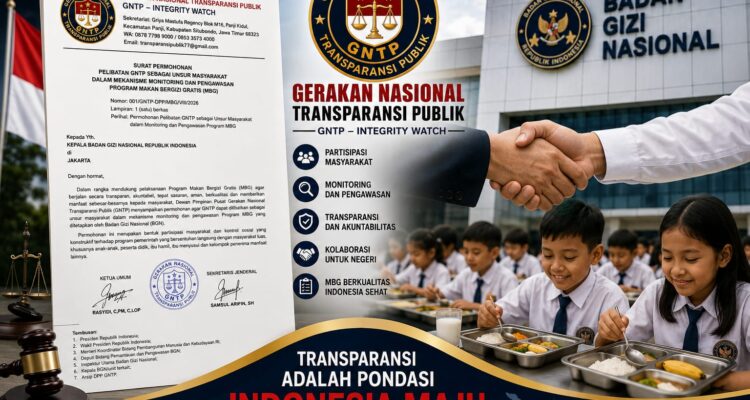 Doc. Ilustrasi memperlihatkan dokumen permohonan GNTP–Integrity Watch kepada Badan Gizi Nasional (BGN) terkait usulan keterlibatan masyarakat dalam monitoring dan pengawasan Program Makan Bergizi Gratis (MBG), disertai visualisasi kegiatan program dan simbol partisipasi masyarakat. Gambar ini merupakan ilustrasi dan tidak menggambarkan kejadian nyata, lokasi, orang, kegiatan, maupun pertemuan tertentu. Ilustrasi dibuat semata-mata untuk mendukung penyampaian informasi dalam pemberitaan.