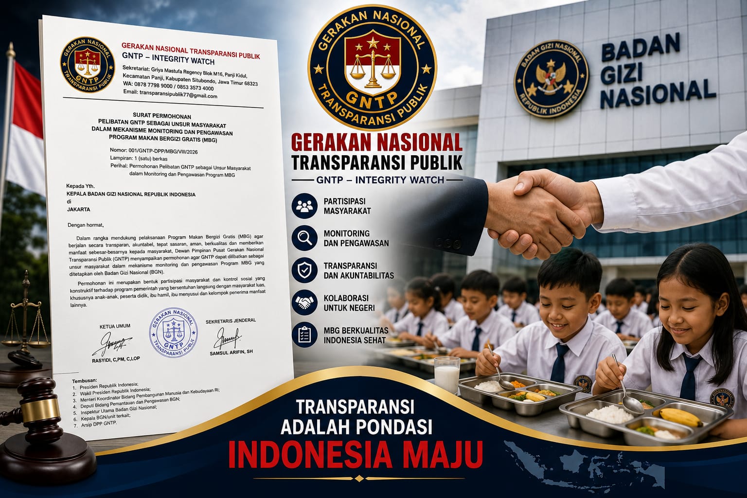 Doc. Ilustrasi memperlihatkan dokumen permohonan GNTP–Integrity Watch kepada Badan Gizi Nasional (BGN) terkait usulan keterlibatan masyarakat dalam monitoring dan pengawasan Program Makan Bergizi Gratis (MBG), disertai visualisasi kegiatan program dan simbol partisipasi masyarakat. Gambar ini merupakan ilustrasi dan tidak menggambarkan kejadian nyata, lokasi, orang, kegiatan, maupun pertemuan tertentu. Ilustrasi dibuat semata-mata untuk mendukung penyampaian informasi dalam pemberitaan.
