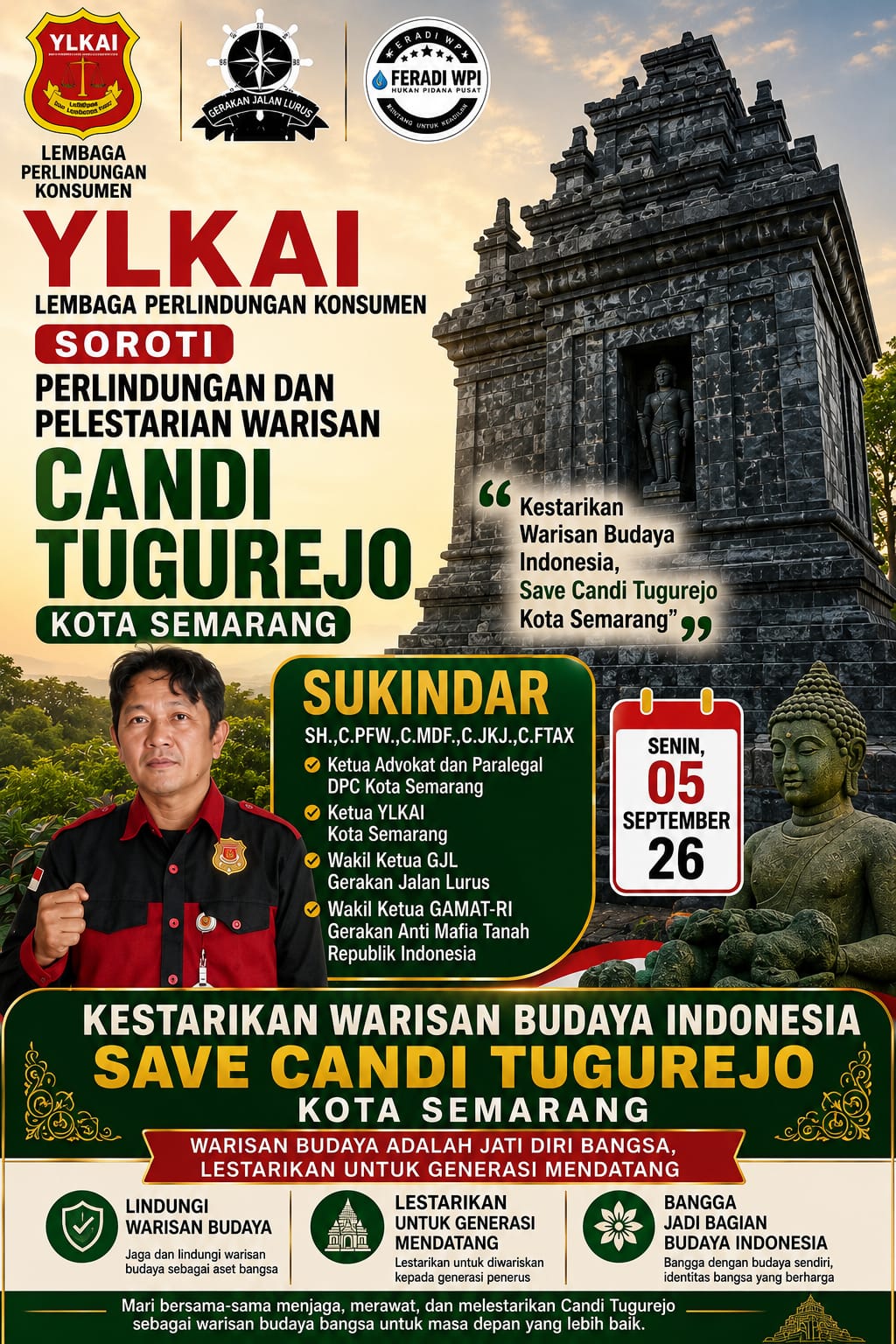 Doc. Sukindar, S.H.,C.PFW.,C.MDF.,C.JKJ.,C.FTAX., Ketua LPKSM YLKAI Lembaga Perlindungan Konsumen Kota Semarang sekaligus Ketua Advokat dan Paralegal DPC FERADI WPI Kota Semarang, menyampaikan sorotan terkait pengelolaan Candi Tugu atau Watu Tugu di Kecamatan Tugu, Kota Semarang, Sabtu (5/9/2026). Ia mendorong pelestarian situs dan pengembangan potensinya sebagai wisata budaya dan edukasi.