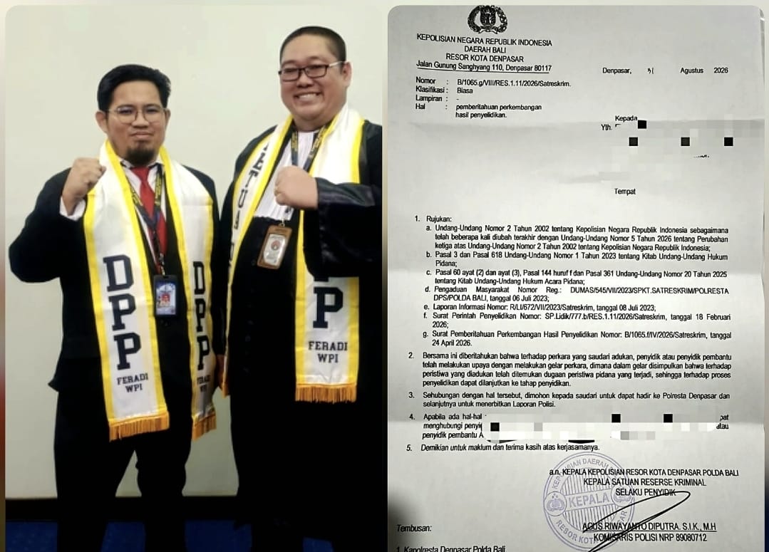 Doc. Adv. Donny Andretti bersama pendamping hukum pelapor dan surat pemberitahuan perkembangan hasil penyelidikan dari Polresta Denpasar tertanggal 31 Agustus 2026. Surat tersebut memuat pemberitahuan bahwa setelah dilakukan gelar perkara, penyidik menyimpulkan terdapat dugaan peristiwa pidana sehingga penanganan perkara ditingkatkan ke tahap penyidikan. Identitas dan bagian tertentu dalam dokumen disamarkan untuk menjaga informasi pribadi pihak terkait.