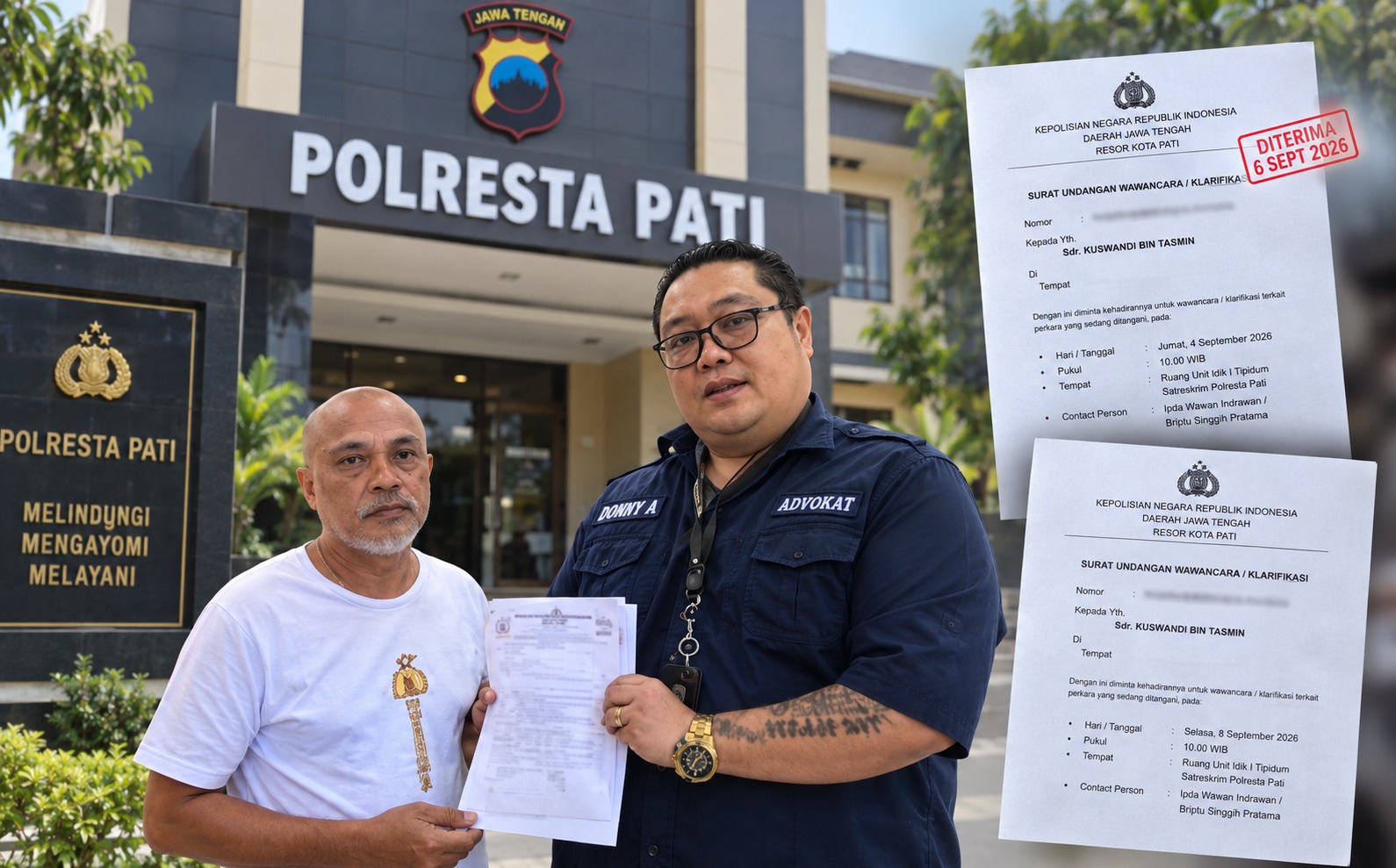 Doc. Ilustrasi — Kuswandi Bin Tasmin bersama penasihat hukumnya, Advokat Donny Andretti, menunjukkan dokumen pemanggilan klarifikasi di Polresta Pati. Ilustrasi menampilkan surat undangan dengan agenda 4 September 2026 yang disebut diterima pada 6 September 2026, serta surat pemanggilan berikutnya untuk agenda 8 September 2026. Foto: Ilustrasi/KawanJariNews.com