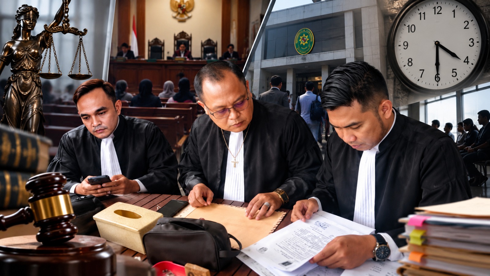 Doc. Ilustrasi tiga advokat FERADI WPI yang hadir dalam agenda perkara perdata Nomor 58/Pdt/Ckrg di Pengadilan Negeri Cikarang. Ilustrasi menggambarkan situasi menunggu persidangan, dokumen perkara, serta waktu persidangan yang mengalami keterlambatan hingga sore hari.