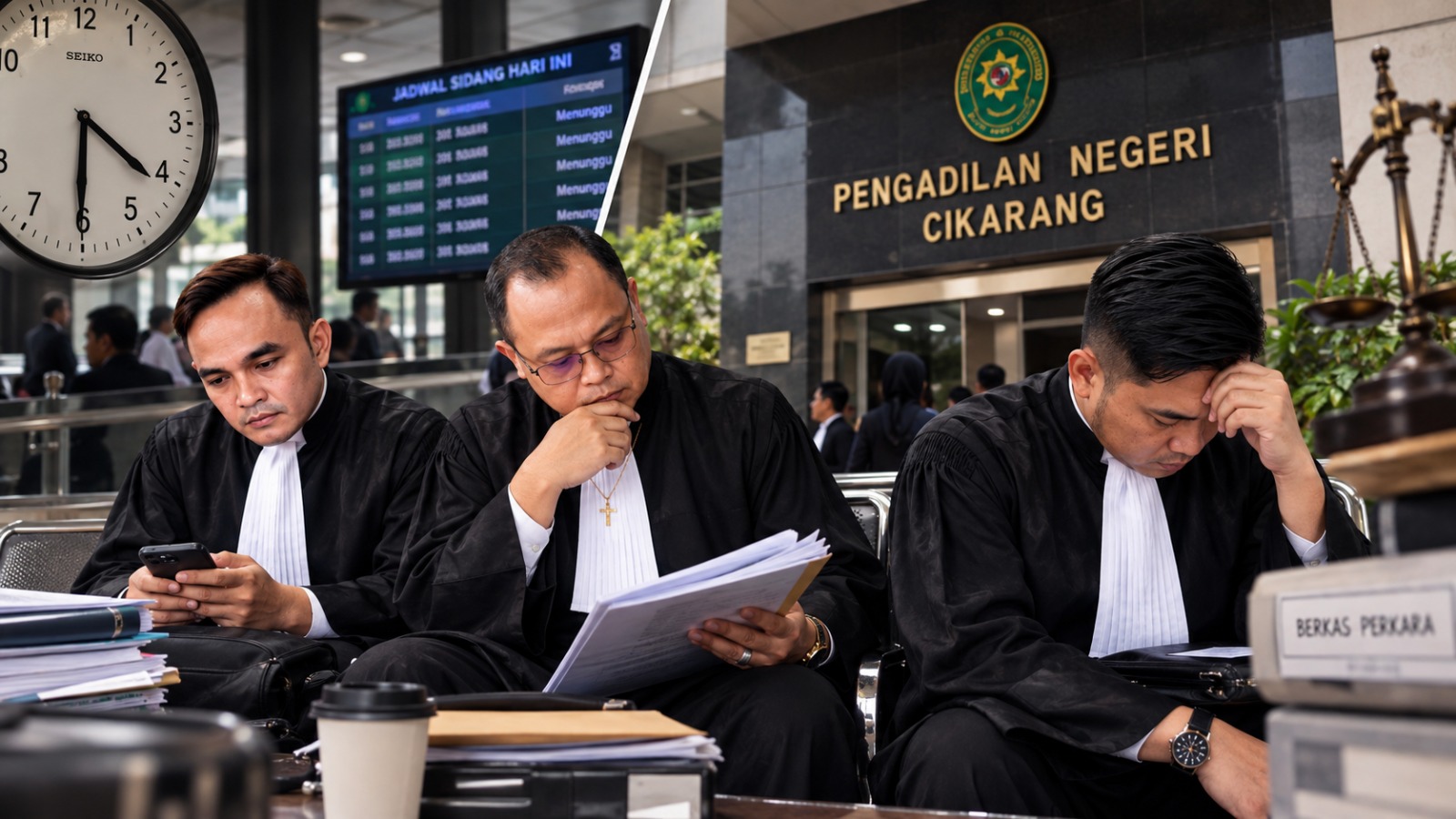 Doc. Ilustrasi tiga advokat FERADI WPI, Revan Pratama Wijaya, Erwin Maulana, dan Ganda Subrata, menunggu agenda persidangan perkara perdata di Pengadilan Negeri Cikarang. Ilustrasi menggambarkan situasi menunggu dengan berkas perkara dan penunjuk waktu sebagai representasi sorotan terhadap keterlambatan pelaksanaan sidang.