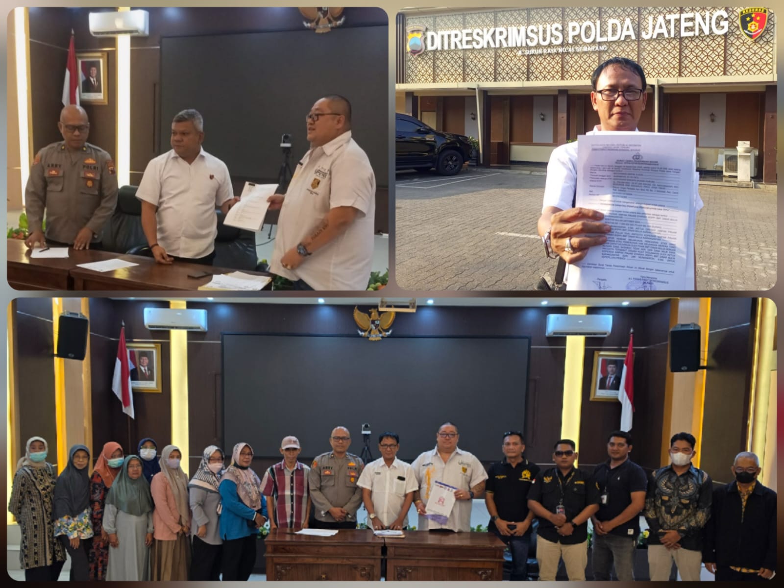 Doc. Kompilasi suasana saat puluhan korban Koperasi BMT Dinar Mulia bersama Tim Hukum FERADI WPI–Subur Jaya Lawfirm mendatangi Ditreskrimsus Polda Jawa Tengah, Semarang, Senin (14/9/2026). Dalam agenda tersebut, para korban menyampaikan kronologi dan keterangan awal terkait dugaan penipuan dan penggelapan serta dugaan TPPU, sementara tim hukum mendampingi proses penyampaian laporan dan diskusi awal dengan penyidik.