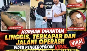 Doc. Korban dugaan pengeroyokan, M. Sholeh Abdullah Ali R., bersama tim pendamping hukum FERADI WPI–Subur Jaya Law Firm saat berada di lingkungan Polres Salatiga dalam rangka proses pelaporan dan pendampingan hukum. Foto kolase juga memperlihatkan dokumentasi kondisi luka yang dialami korban serta rekaman CCTV yang diduga merekam peristiwa pengeroyokan di area parkir Toko Benang Raja, Salatiga.