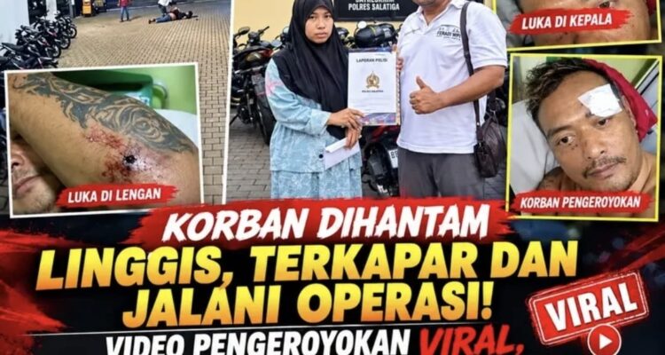 Doc. Korban dugaan pengeroyokan, M. Sholeh Abdullah Ali R., bersama tim pendamping hukum FERADI WPI–Subur Jaya Law Firm saat berada di lingkungan Polres Salatiga dalam rangka proses pelaporan dan pendampingan hukum. Foto kolase juga memperlihatkan dokumentasi kondisi luka yang dialami korban serta rekaman CCTV yang diduga merekam peristiwa pengeroyokan di area parkir Toko Benang Raja, Salatiga.