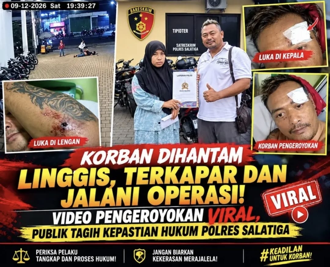 Doc. Korban dugaan pengeroyokan, M. Sholeh Abdullah Ali R., bersama tim pendamping hukum FERADI WPI–Subur Jaya Law Firm saat berada di lingkungan Polres Salatiga dalam rangka proses pelaporan dan pendampingan hukum. Foto kolase juga memperlihatkan dokumentasi kondisi luka yang dialami korban serta rekaman CCTV yang diduga merekam peristiwa pengeroyokan di area parkir Toko Benang Raja, Salatiga.