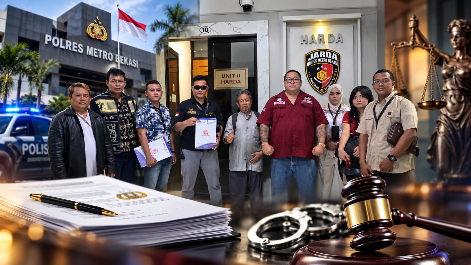 Doc. Ilustrasi penanganan aduan dugaan penggelapan yang disampaikan Hairil Tami di Unit II Harda Polres Metro Bekasi. Foto menampilkan pihak terkait saat berada di lingkungan Unit II Harda dengan membawa dokumen, sebagai ilustrasi pemberitaan mengenai sorotan terhadap perkembangan penanganan perkara dan permintaan kejelasan proses hukum.