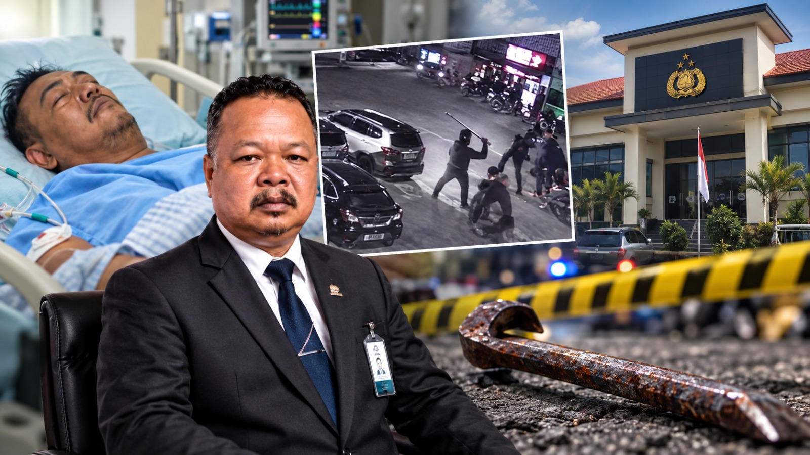 Doc. Foto ilustrasi menggambarkan penanganan dugaan pengeroyokan terhadap M. Sholeh Abdullah Ali R. di Salatiga, Jawa Tengah, dengan menampilkan ilustrasi korban yang menjalani perawatan di rumah sakit, suasana lokasi kejadian yang terekam CCTV, serta ilustrasi kantor Polres Salatiga sebagai representasi proses penanganan perkara. Ilustrasi ini disusun untuk kepentingan pemberitaan dan bukan merupakan dokumentasi langsung keseluruhan rangkaian peristiwa.