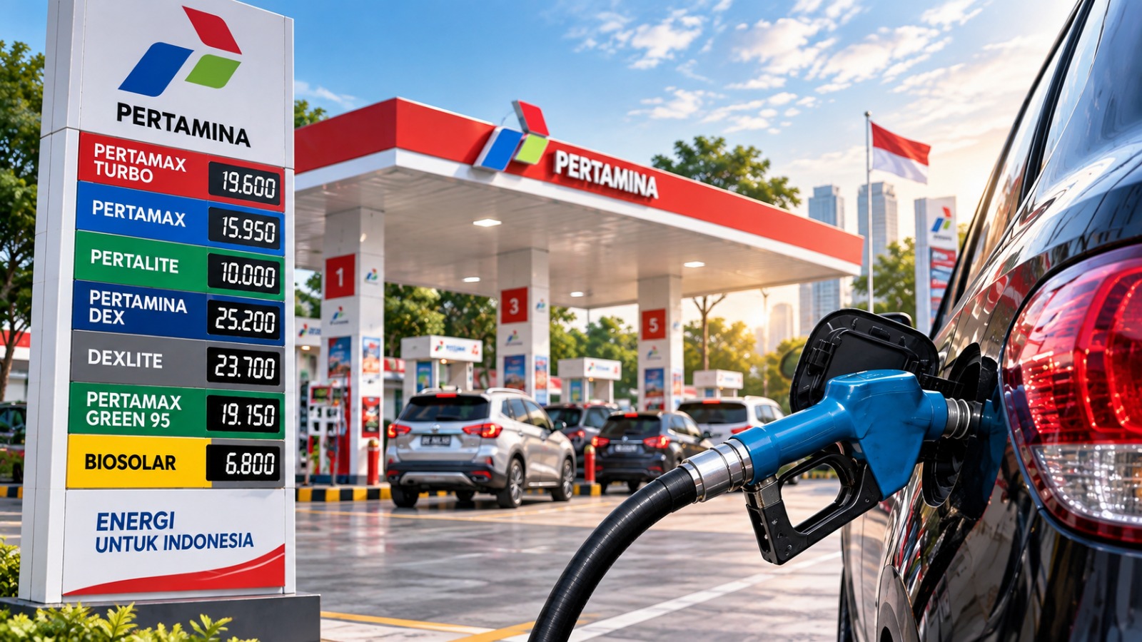 Doc. ILUSTRASI — Harga BBM Pertamina yang berlaku pada 19 September 2026 ditampilkan melalui ilustrasi suasana pengisian bahan bakar di SPBU, dengan papan informasi harga sejumlah produk BBM seperti Pertalite, Pertamax, Pertamax Turbo, Pertamax Green 95, Dexlite, Pertamina Dex, dan Biosolar. Perbedaan harga BBM berdasarkan jenis produk dan wilayah menjadi bagian dari informasi yang dibahas dalam berita. Foto: Ilustrasi/KawanJariNews.com.