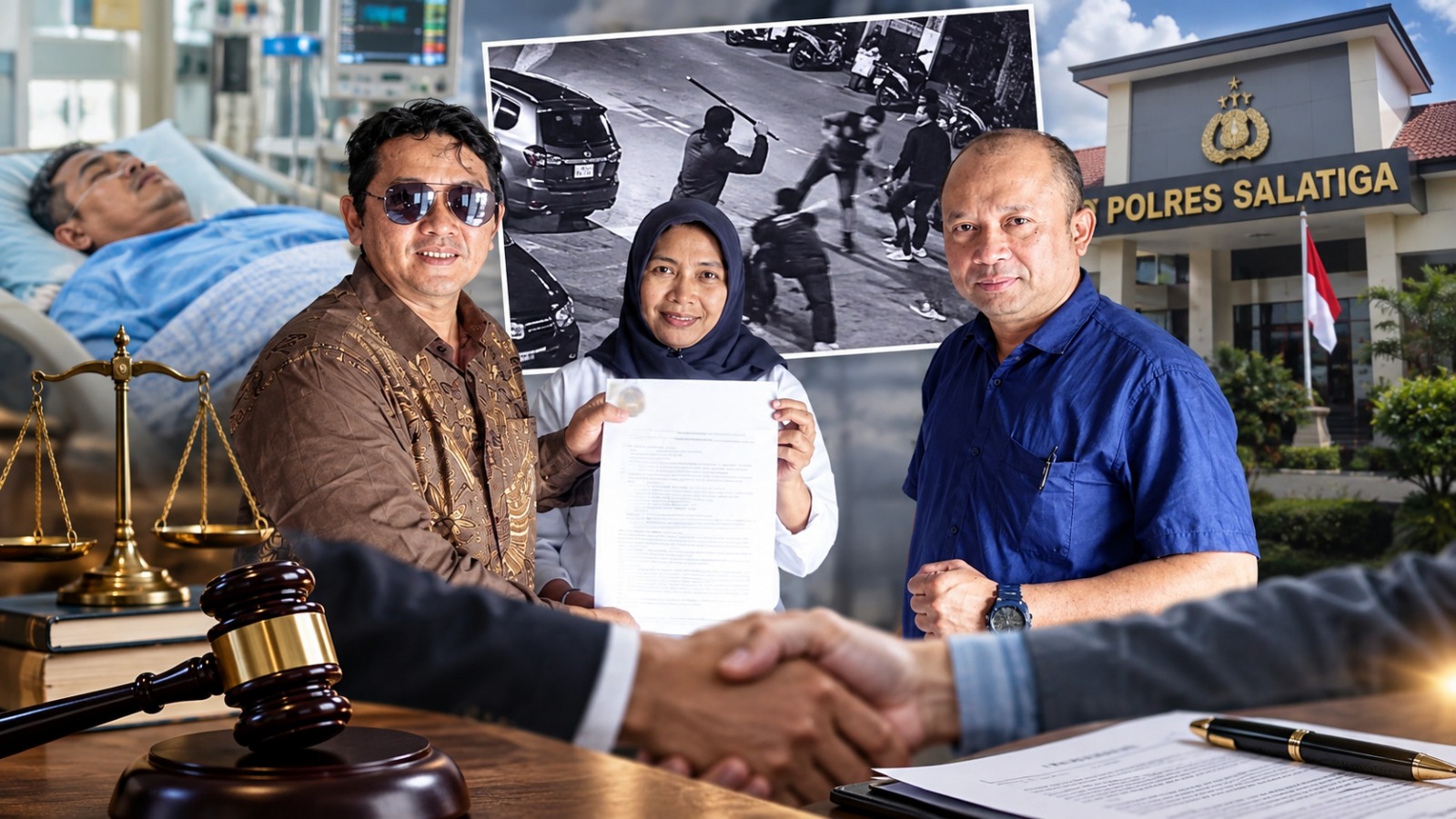 Doc. Foto ilustrasi yang menggambarkan komitmen keluarga Fujiyanto melalui kuasa hukumnya untuk menempuh penyelesaian secara Restorative Justice (RJ) terkait perkara perkelahian di area parkir Swalayan Benang Raja, Salatiga. Ilustrasi menampilkan pihak keluarga bersama kuasa hukum, dokumen pernyataan, serta elemen simbolis berupa proses hukum, rekaman CCTV, perawatan medis, dan institusi kepolisian sebagai representasi rangkaian perkara. Foto ini merupakan ilustrasi untuk kepentingan pemberitaan dan bukan dokumentasi langsung keseluruhan rangkaian peristiwa.