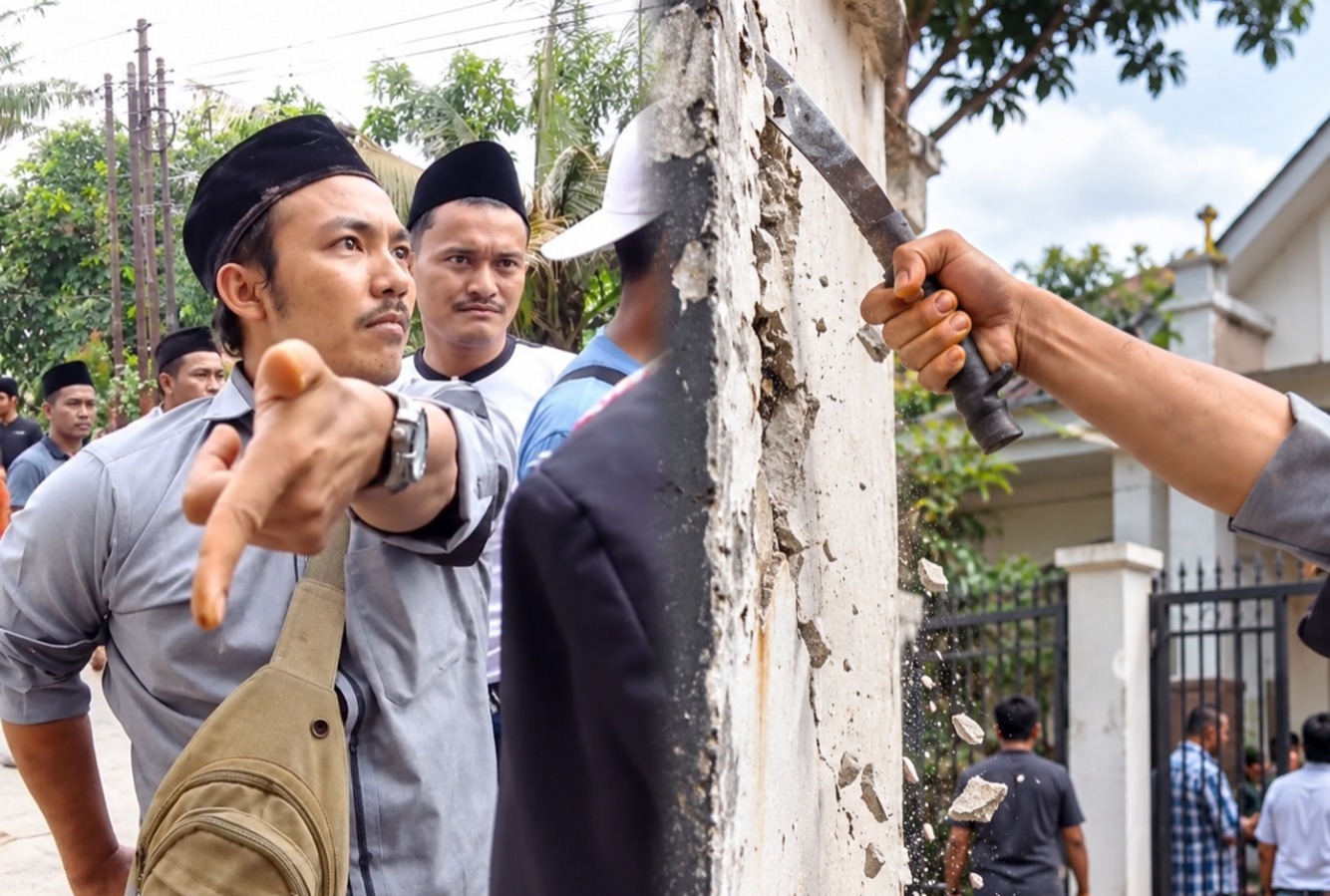 Doc. Kompilasi dokumentasi peristiwa pembubaran ibadah jemaat GKPI Mauk-Sepatan, Kabupaten Tangerang, Minggu (20/9/2026). Foto memperlihatkan seorang warga yang diduga terlibat dalam kejadian membawa senjata tajam serta aksi penebasan pada bagian dinding bangunan tempat ibadah. Dokumentasi tersebut menjadi bagian dari materi pemberitaan mengenai penghentian kegiatan ibadah yang kemudian ditangani melalui proses mediasi oleh pihak terkait.