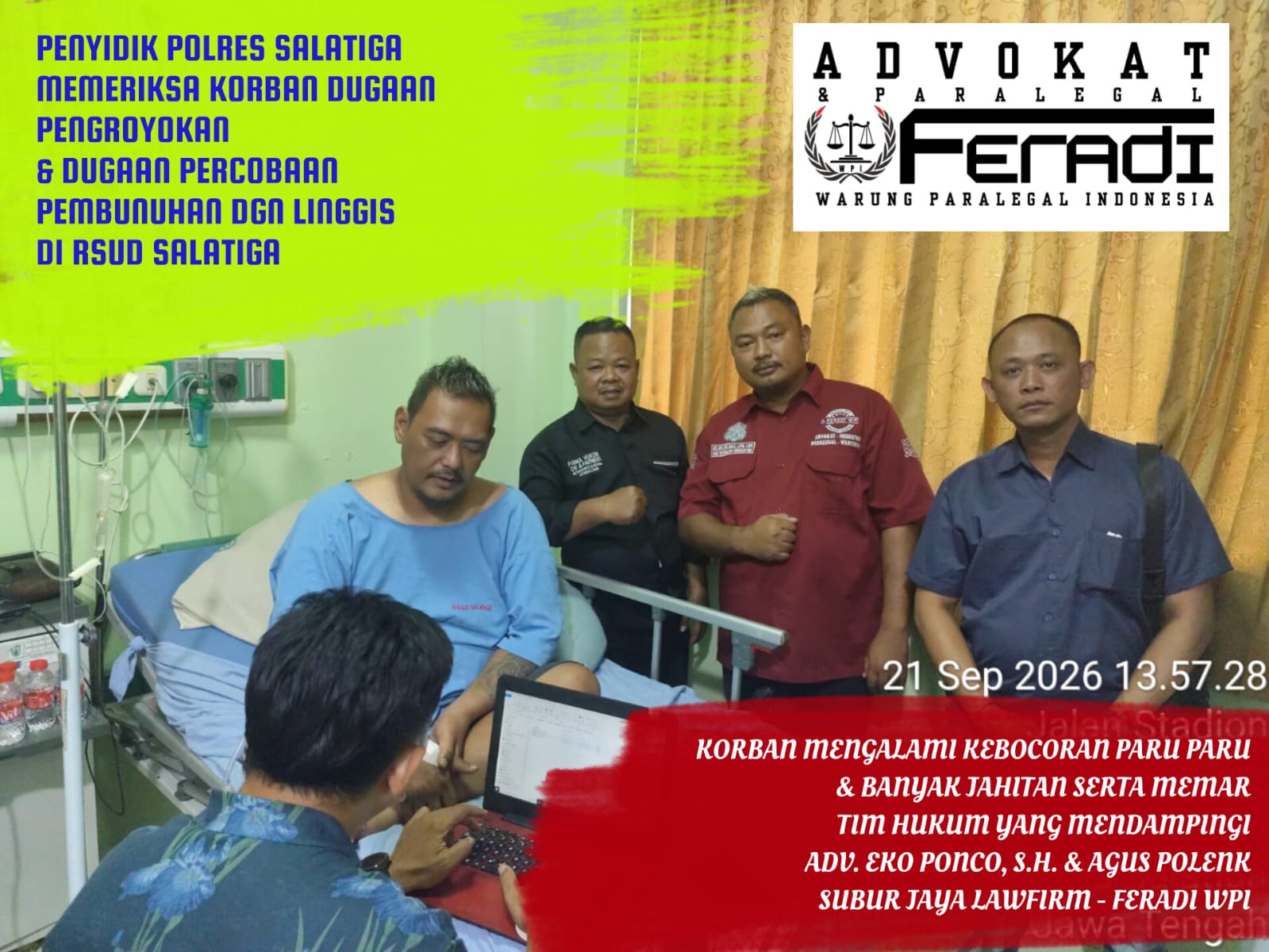 Doc. Proses pemeriksaan atau Berita Acara Pemeriksaan (BAP) terhadap M. Sholeh Abdullah R. oleh penyidik Polres Salatiga yang dilakukan di ruang perawatan RSUD Salatiga, Senin (21/9/2026). Pemeriksaan berlangsung saat korban masih menjalani perawatan medis dan didampingi tim hukum dari Firma Hukum Subur Jaya dan Rekan–FERADI WPI.