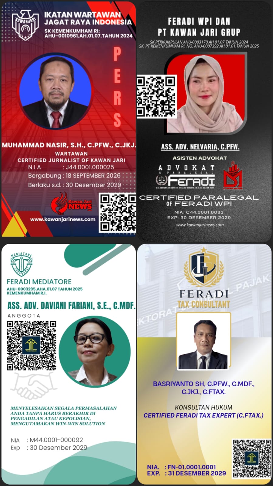 Doc. Kompilasi Kartu Tanda Anggota (KTA) yang telah diterima oleh sejumlah peserta/lulusan program pendidikan dan pelatihan FERADI WPI. Dokumentasi tersebut menjadi bagian dari gambaran perjalanan peserta setelah mengikuti proses pendidikan dan dinyatakan memenuhi persyaratan yang ditetapkan oleh penyelenggara. KTA diterbitkan sebagai identitas keanggotaan sesuai bidang dan organisasi masing-masing.