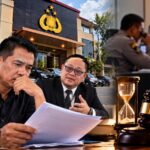 Doc. Ilustrasi menggambarkan proses penanganan laporan hukum di Polres Metro Bekasi, dengan visual pelapor dan kuasa hukum yang tengah menunggu perkembangan perkara, dokumen laporan, serta simbol proses penegakan hukum. Ilustrasi ini digunakan untuk melengkapi pemberitaan mengenai keluhan Hairil Tami terkait perkembangan laporan yang disebut telah berlangsung lebih dari satu tahun.