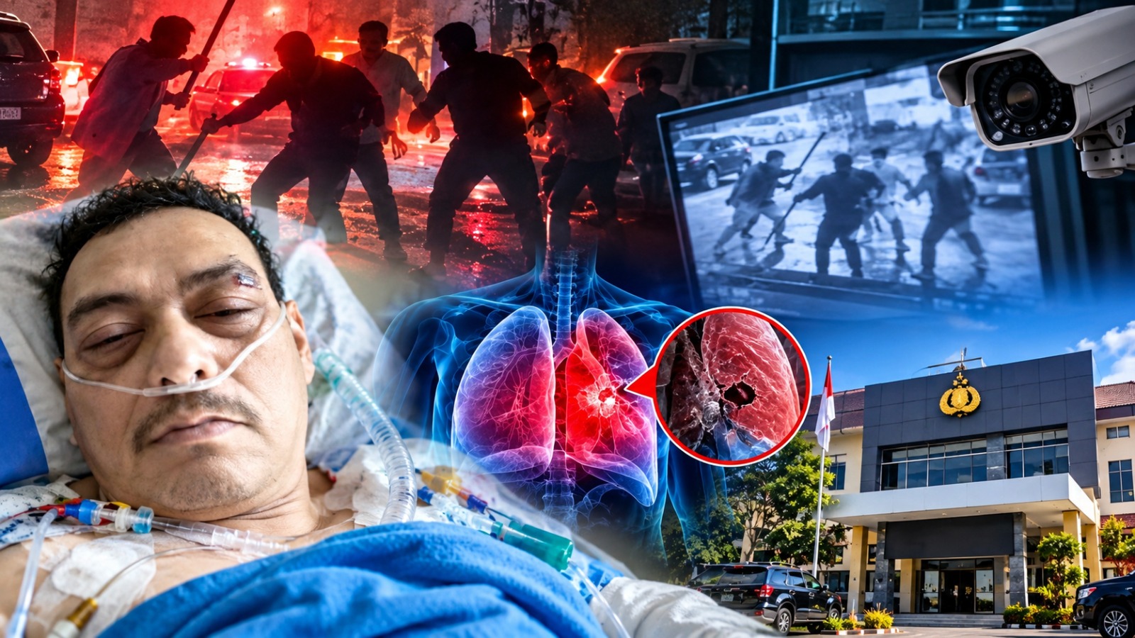Doc. Foto ilustrasi kompilasi yang menggambarkan penanganan dugaan pengeroyokan terhadap M. Sholeh Abdullah R. di Salatiga. Ilustrasi menampilkan korban yang sedang menjalani perawatan di rumah sakit, gambaran rekaman CCTV saat dugaan kejadian, ilustrasi kondisi paru-paru, serta representasi kantor kepolisian sebagai simbol proses penanganan perkara. Ilustrasi ini dibuat untuk kepentingan pemberitaan dan bukan merupakan dokumentasi langsung atau bukti visual yang menggambarkan keseluruhan peristiwa secara faktual.