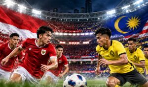 Doc. ilustrasi: Timnas Indonesia dan Malaysia bersiap menghadapi pertandingan dalam suasana Stadion Utama Gelora Bung Karno (SUGBK), Jakarta. Ilustrasi menggambarkan atmosfer persaingan kedua tim dengan dukungan suporter dan bendera masing-masing negara. Foto ilustrasi KawanJariNews.com