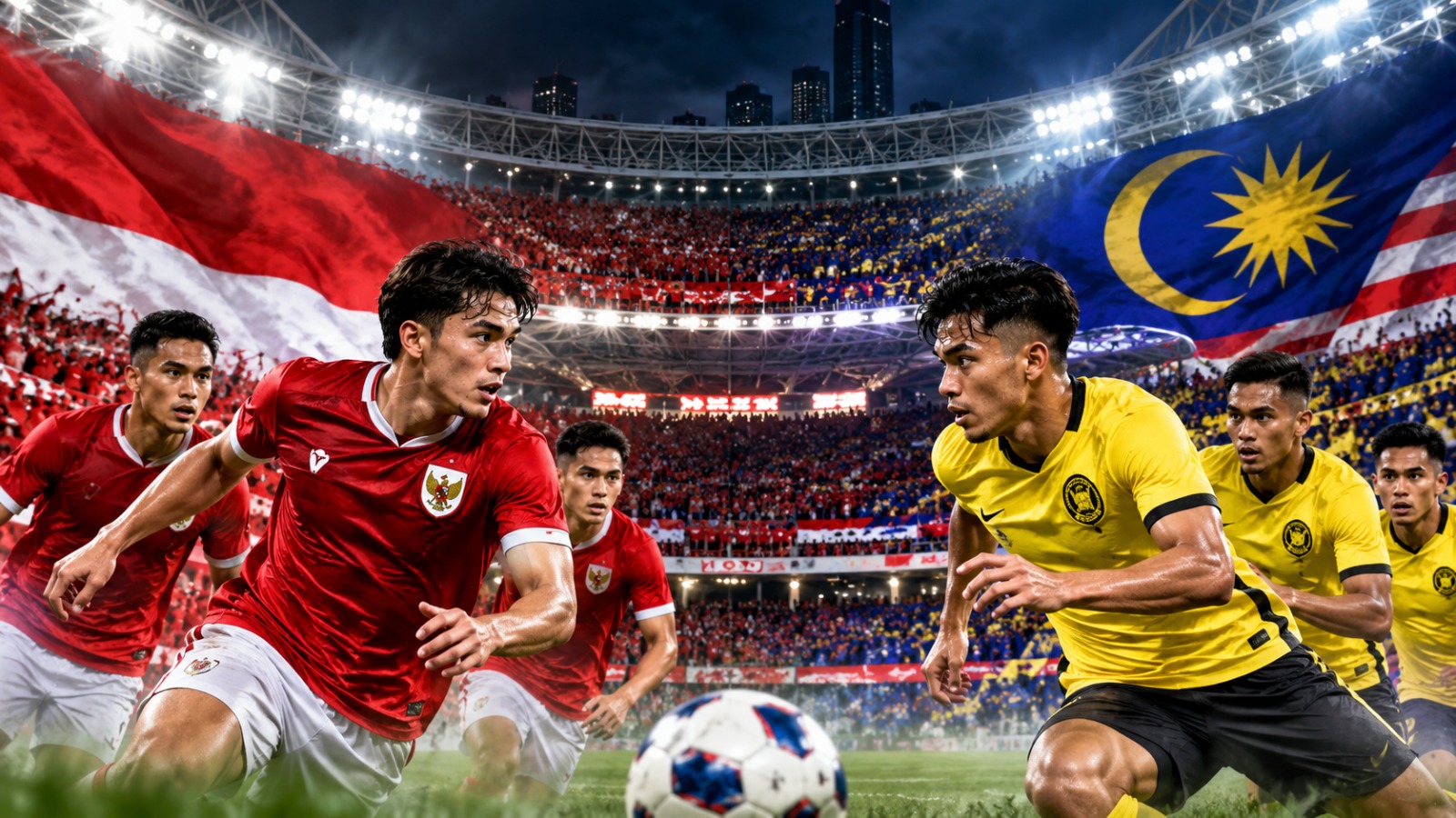 Doc. ilustrasi: Timnas Indonesia dan Malaysia bersiap menghadapi pertandingan dalam suasana Stadion Utama Gelora Bung Karno (SUGBK), Jakarta. Ilustrasi menggambarkan atmosfer persaingan kedua tim dengan dukungan suporter dan bendera masing-masing negara. Foto ilustrasi KawanJariNews.com