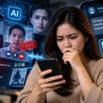 Doc. Ilustrasi menggambarkan ancaman penipuan berbasis AI di era digital, dengan penggunaan teknologi deepfake, voice cloning, pesan penipuan, dan bukti transfer palsu yang dapat mengecoh pengguna. Foto ilustrasi: KawanJariNews.com.