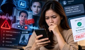 Doc. Ilustrasi menggambarkan ancaman penipuan berbasis AI di era digital, dengan penggunaan teknologi deepfake, voice cloning, pesan penipuan, dan bukti transfer palsu yang dapat mengecoh pengguna. Foto ilustrasi: KawanJariNews.com.