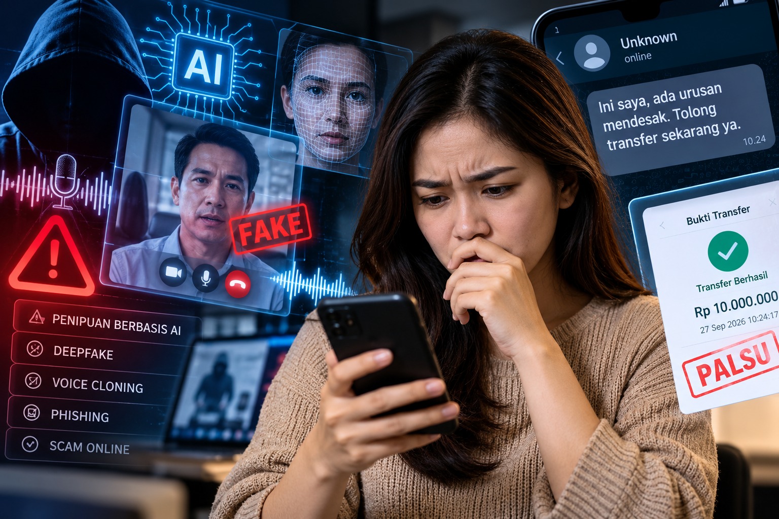 Doc. Ilustrasi menggambarkan ancaman penipuan berbasis AI di era digital, dengan penggunaan teknologi deepfake, voice cloning, pesan penipuan, dan bukti transfer palsu yang dapat mengecoh pengguna. Foto ilustrasi: KawanJariNews.com.