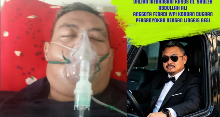 Doc. Koloase foto memperlihatkan M. Sholeh Abdullah Ali R. yang masih menjalani perawatan di rumah sakit pada sisi kiri, sementara Agus Polenk, Ketua Tim Advokasi FERADI WPI, berada pada sisi kanan. Foto tersebut menggambarkan kondisi korban dan pernyataan tim advokasi terkait penanganan perkara dugaan pengeroyokan yang terjadi di Salatiga pada 12 September 2026.