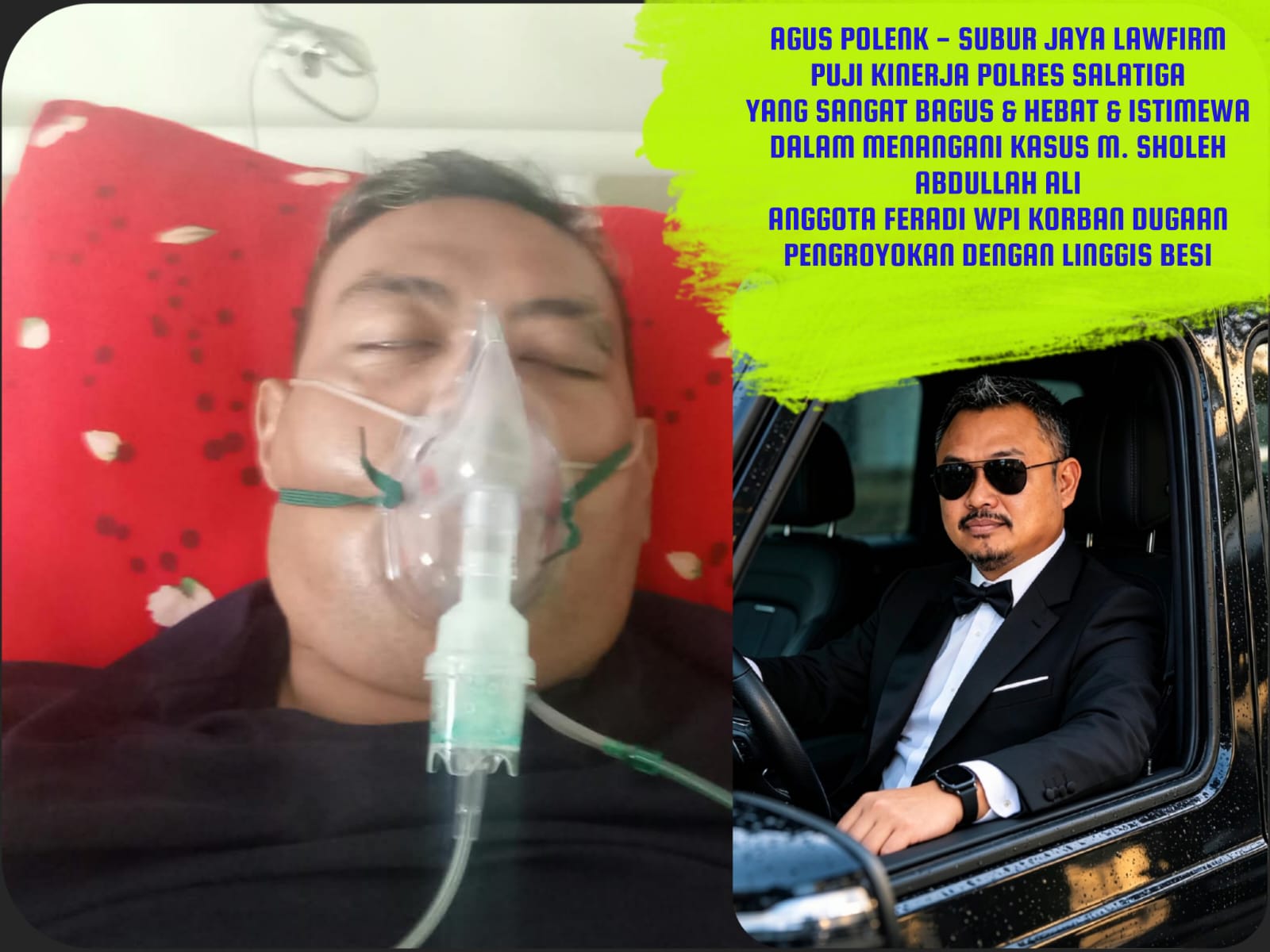 Doc. Koloase foto memperlihatkan M. Sholeh Abdullah Ali R. yang masih menjalani perawatan di rumah sakit pada sisi kiri, sementara Agus Polenk, Ketua Tim Advokasi FERADI WPI, berada pada sisi kanan. Foto tersebut menggambarkan kondisi korban dan pernyataan tim advokasi terkait penanganan perkara dugaan pengeroyokan yang terjadi di Salatiga pada 12 September 2026.