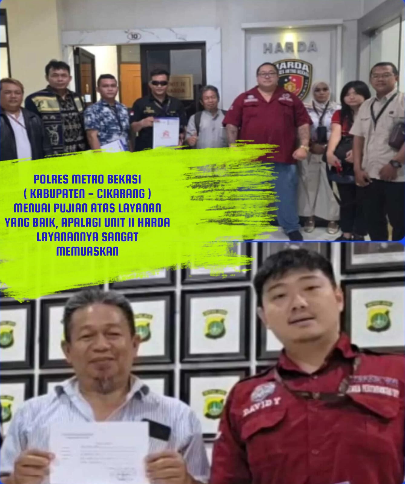 Doc. Koloase foto memperlihatkan tim hukum yang mendampingi Hairil Tami pada bagian atas, sementara pada bagian bawah Hairil Tami menunjukkan surat tanda terima laporan yang menjadi dokumen terkait aduan yang disampaikannya ke Polres Metro Bekasi. Dokumentasi tersebut menggambarkan rangkaian pendampingan hukum serta bukti administrasi pelaporan dalam perkara yang hingga kini masih menjadi perhatian Hairil dan tim kuasa hukumnya.