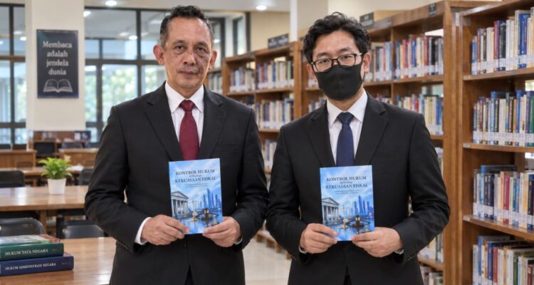 Doc. Adv. Yulianto Kiswocahyono, S.E., S.H., BKP dan Eko Wahyu Pramono, S.Tr.P., S.Ak. memperlihatkan sampul buku kedua karya mereka berjudul “Kontrol Hukum terhadap Kekuasaan Fiskal: Kajian Ultra Vires atas Regulasi Kuasa Wajib Pajak dalam PMK Nomor 44 Tahun 2026.” Buku tersebut merupakan kelanjutan dari karya pertama keduanya, “Merebut Independensi Pengadilan Pajak,” dan membahas kajian mengenai batas kewenangan fiskal negara, regulasi kuasa Wajib Pajak, serta kontrol hukum terhadap pembentukan dan pelaksanaan regulasi perpajakan.