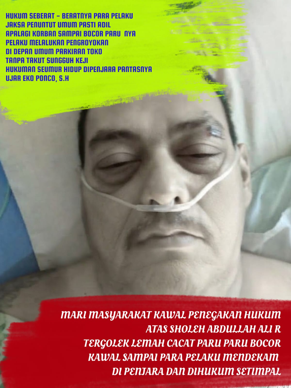 Doc. M. Sholeh Abdullah R. saat menjalani perawatan di rumah sakit di Salatiga, Rabu (30/9/2026), setelah mengalami dugaan kekerasan di area parkir Toko Benang Raja pada 12 September 2026. Dalam foto, korban tampak masih menjalani perawatan dengan bantuan alat medis dan oksigen. Kondisi medis yang terlihat dalam foto merupakan bagian dari proses perawatan korban dan tidak menjadi kesimpulan medis redaksi.