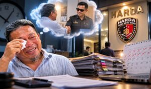Doc. Foto ilustrasi menggambarkan suasana emosional Hairil Tami yang berlinang air mata, disertai ilustrasi dirinya membayangkan pertemuan dengan penyidik A. Rifai dari Unit II Harda Polres Metro Bekasi. Ilustrasi juga menampilkan suasana kantor kepolisian, tumpukan berkas perkara, dan kalender yang menggambarkan proses penanganan perkara yang telah berlangsung cukup lama. Foto ilustrasi.