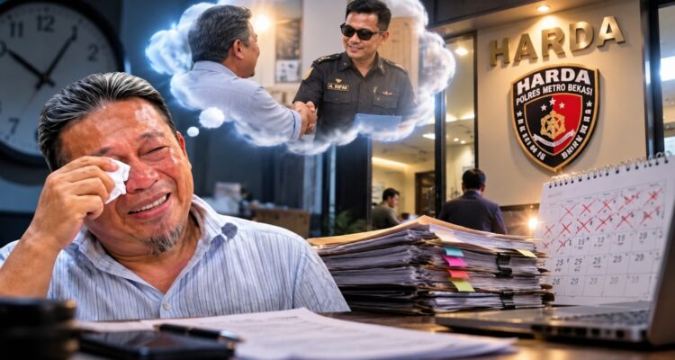 Doc. Foto ilustrasi menggambarkan suasana emosional Hairil Tami yang berlinang air mata, disertai ilustrasi dirinya membayangkan pertemuan dengan penyidik A. Rifai dari Unit II Harda Polres Metro Bekasi. Ilustrasi juga menampilkan suasana kantor kepolisian, tumpukan berkas perkara, dan kalender yang menggambarkan proses penanganan perkara yang telah berlangsung cukup lama. Foto ilustrasi.