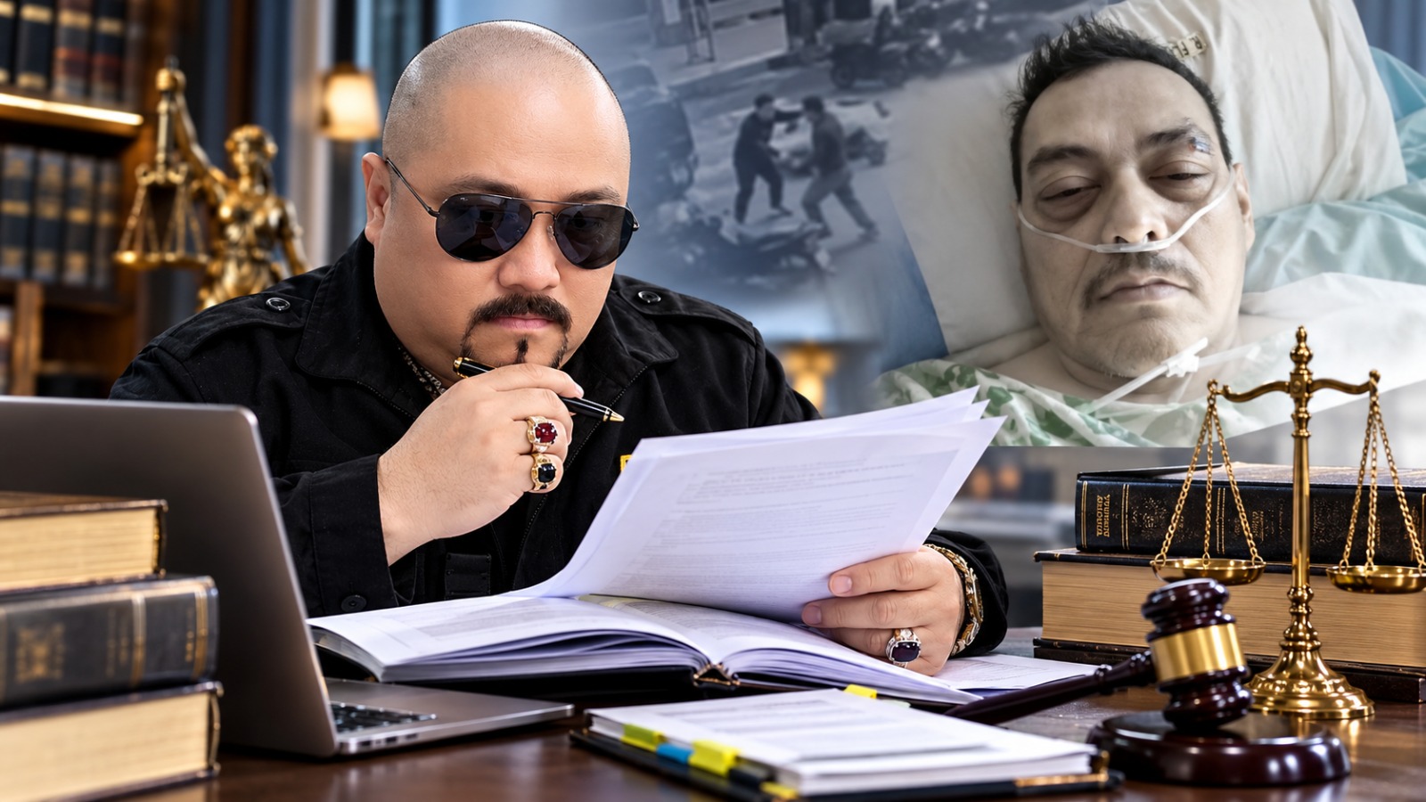 Doc.ilustrasi yang menggambarkan rangkaian perkara dugaan pengeroyokan terhadap M. Sholeh Abdullah R. di Salatiga. Ilustrasi menampilkan Donny Andretti saat menganalisis dokumen hukum serta gambaran Sholeh yang masih menjalani perawatan di rumah sakit, sebagai representasi hubungan antara kondisi korban dan pendampingan hukum dalam perkara tersebut. Ilustrasi ini dibuat untuk kepentingan pemberitaan dan bukan merupakan dokumentasi langsung dari keseluruhan rangkaian peristiwa.