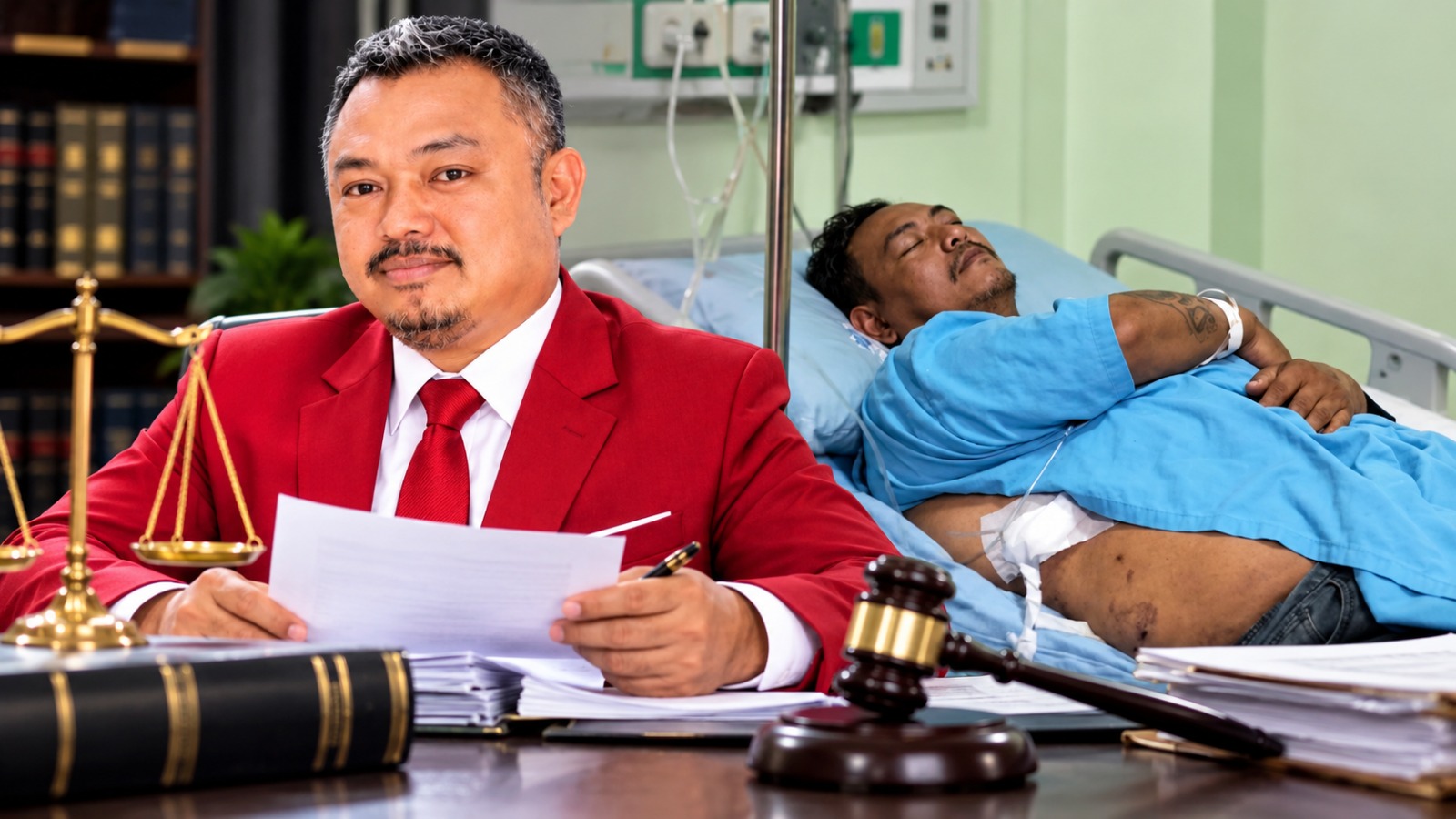 Doc. Foto ilustrasi yang menggambarkan pendampingan hukum dalam perkara dugaan pengeroyokan terhadap M. Sholeh Abdullah R. di Salatiga. Ilustrasi menampilkan Agus Polenk dalam konteks kajian dan pendampingan hukum, serta gambaran Sholeh yang masih menjalani perawatan di rumah sakit. Elemen dokumen hukum, timbangan keadilan, dan palu hakim digunakan sebagai representasi proses hukum dan pembahasan mengenai dugaan penerapan sejumlah pasal dalam perkara tersebut. Ilustrasi ini dibuat untuk kepentingan pemberitaan dan bukan merupakan dokumentasi langsung dari keseluruhan rangkaian peristiwa.