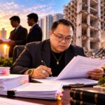 Doc. Ilustrasi memperlihatkan Revan Pratama Wijaya, S.H., anggota tim hukum Sumaryo, sedang menelaah dokumen perkara di atas meja, dengan latar ilustrasi proses pembongkaran bangunan dan aktivitas terkait proyek Apartemen Majestic Point Serpong.