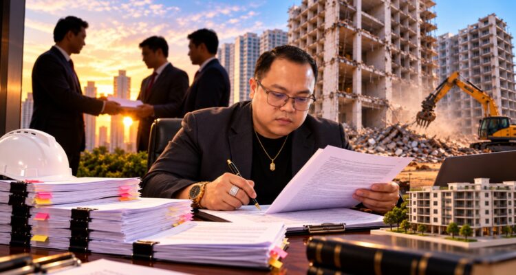 Doc. Ilustrasi memperlihatkan Revan Pratama Wijaya, S.H., anggota tim hukum Sumaryo, sedang menelaah dokumen perkara di atas meja, dengan latar ilustrasi proses pembongkaran bangunan dan aktivitas terkait proyek Apartemen Majestic Point Serpong.