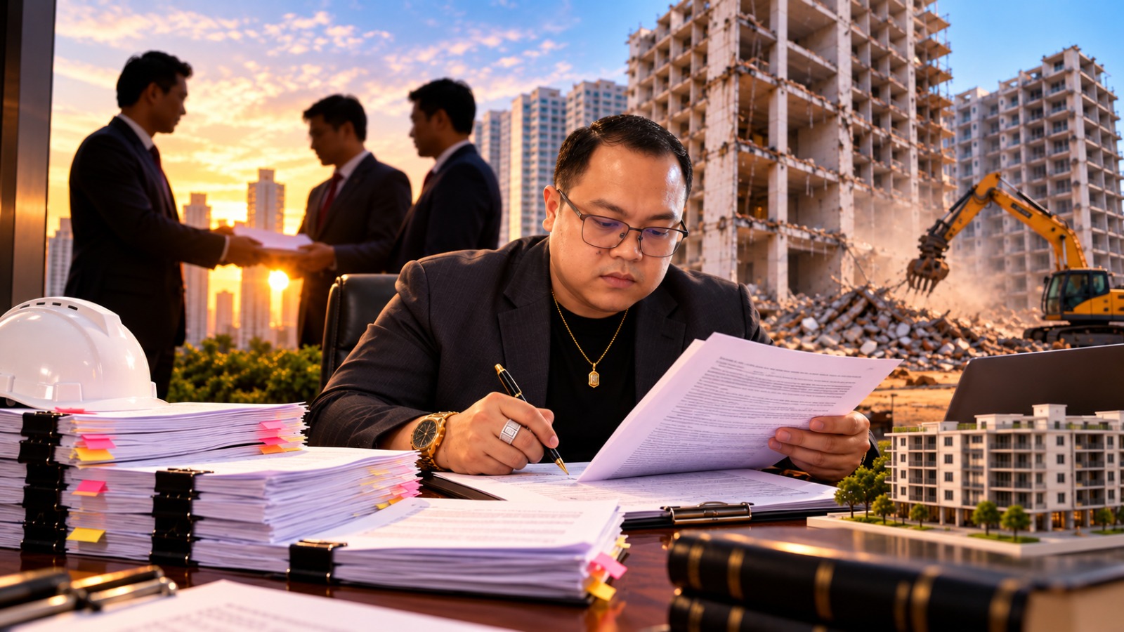 Doc. Ilustrasi memperlihatkan Revan Pratama Wijaya, S.H., anggota tim hukum Sumaryo, sedang menelaah dokumen perkara di atas meja, dengan latar ilustrasi proses pembongkaran bangunan dan aktivitas terkait proyek Apartemen Majestic Point Serpong.