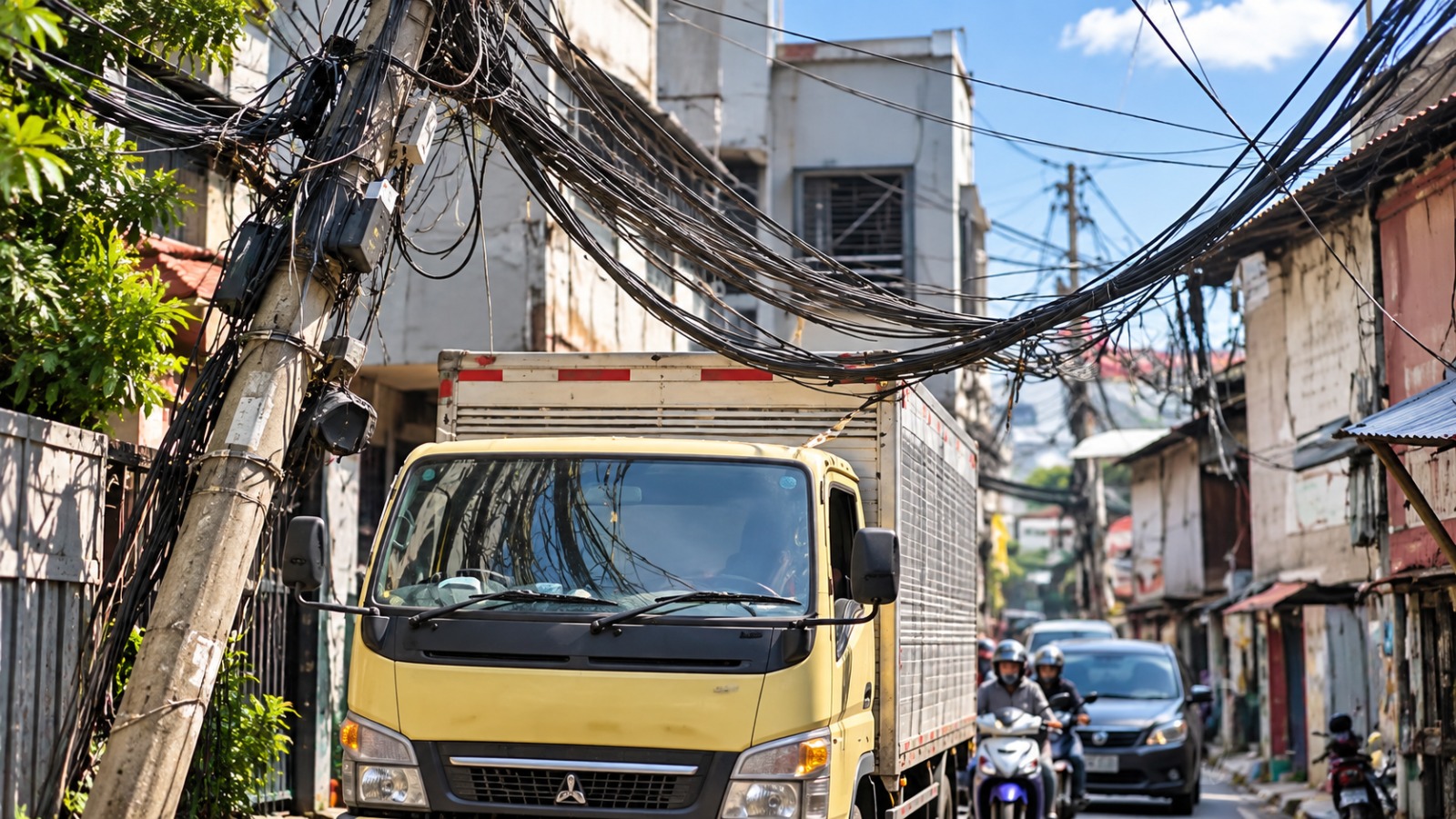Doc. Kabel utilitas yang tampak semrawut dan menjuntai di antara bangunan serta melintas di atas badan jalan, dengan kendaraan harus melintas di bawah jaringan kabel tersebut.